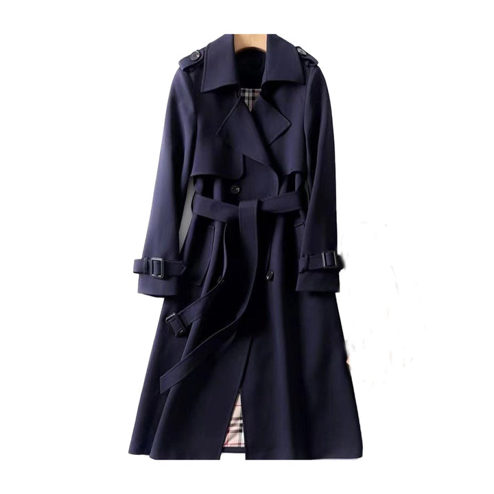 Navy women's classic trench coat, double-breasted & belted. Perfect smart casual outerwear for a polished look.