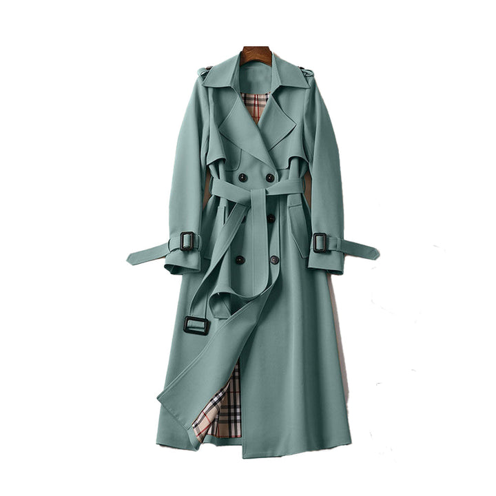 Women's classic belted double-breasted trench coat, featuring elegant lapels. Smart casual fall jacket.