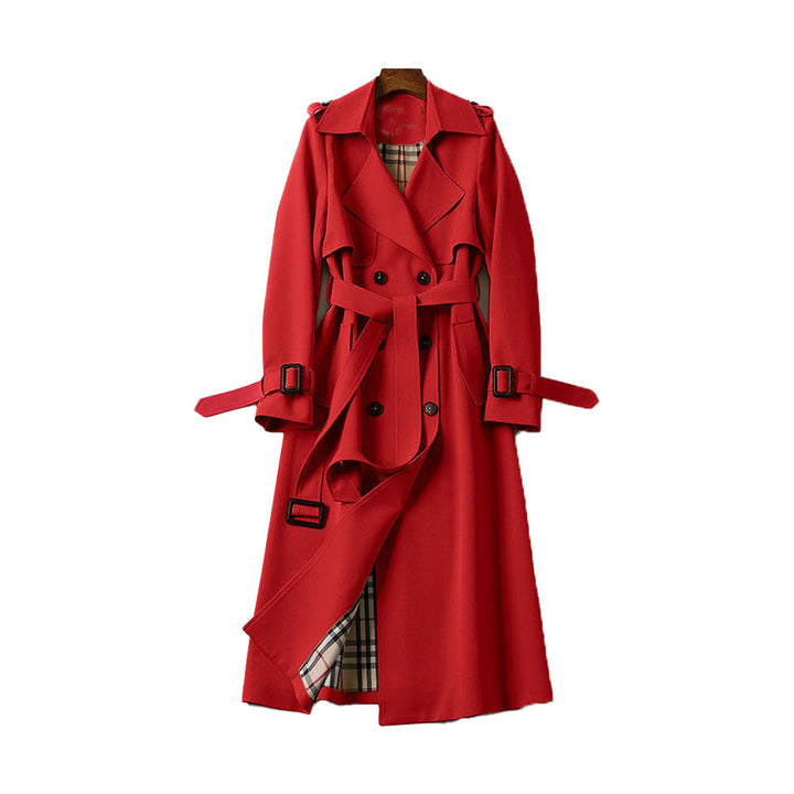 Women's classic belted double-breasted trench coat, mid-calf length. Flattering fit for sophisticated outerwear.