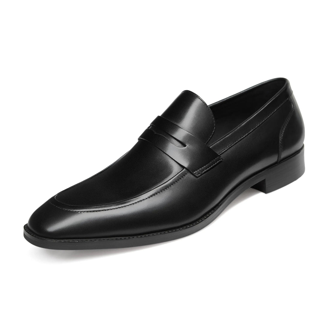 Classic black leather slip-on penny loafers for men, comfortable and versatile dress shoes.