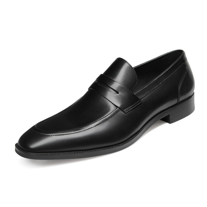 Classic black leather slip-on penny loafers for men, comfortable and versatile dress shoes.