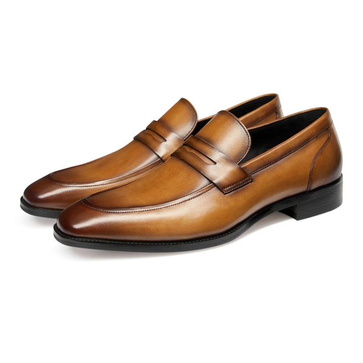 Timeless men's black slip-on penny loafers, classic dress and casual shoes, ultimate comfort.