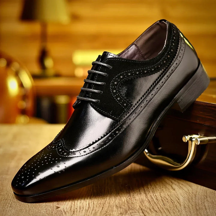 Classic black men's formal dress shoes, perfect for office, wedding, or elegant sophisticated occasions. Premium leather footwear.