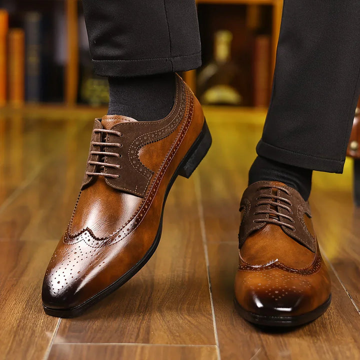 Pair of classic men's formal dress shoes in black & brown, elegant footwear for sophisticated office & wedding attire.