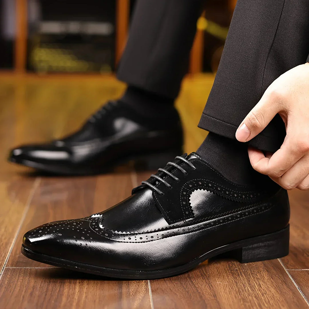 Versatile men's classic black formal dress shoes, elegant footwear for business, office, weddings & special occasions.