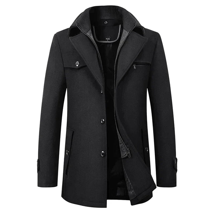 Classic black men's mid-length pea coat, perfect stylish winter outerwear for a refined look.