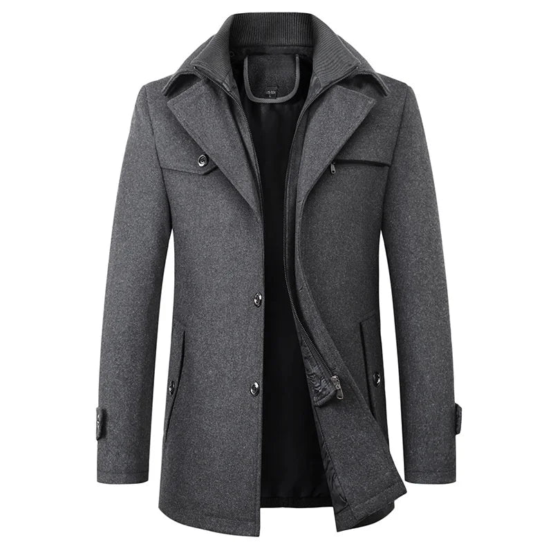 Warm men's pea coat in navy, a versatile mid-length winter jacket. Ideal for autumn & cold weather.