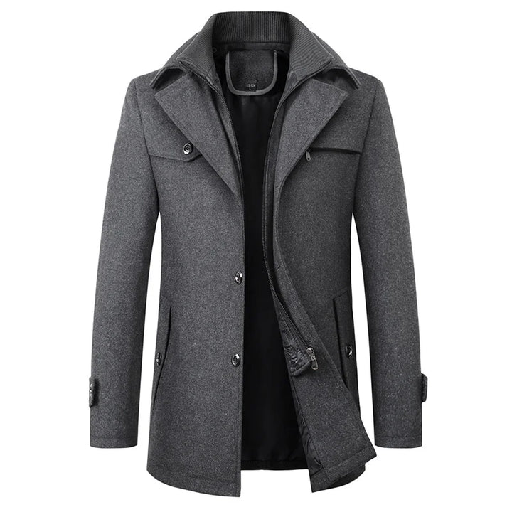 Warm men's pea coat in navy, a versatile mid-length winter jacket. Ideal for autumn & cold weather.