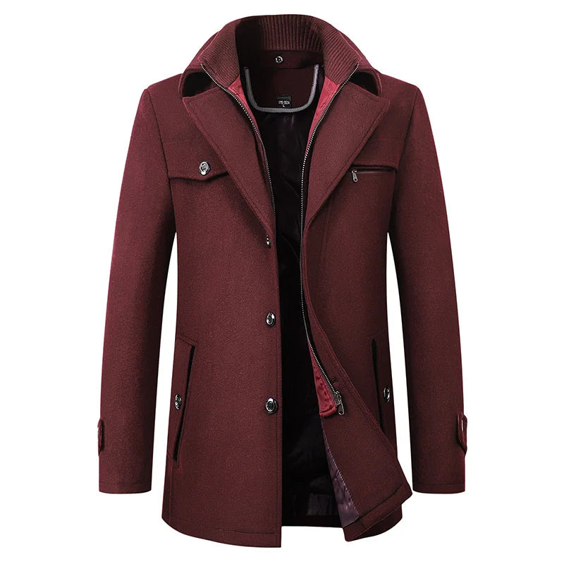 Men's classic pea coat, a mid-length winter jacket & stylish outerwear available in brown and maroon.