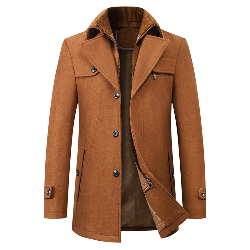 Men's warm mid-length pea coat, essential classic winter outerwear for autumn fashion and style.