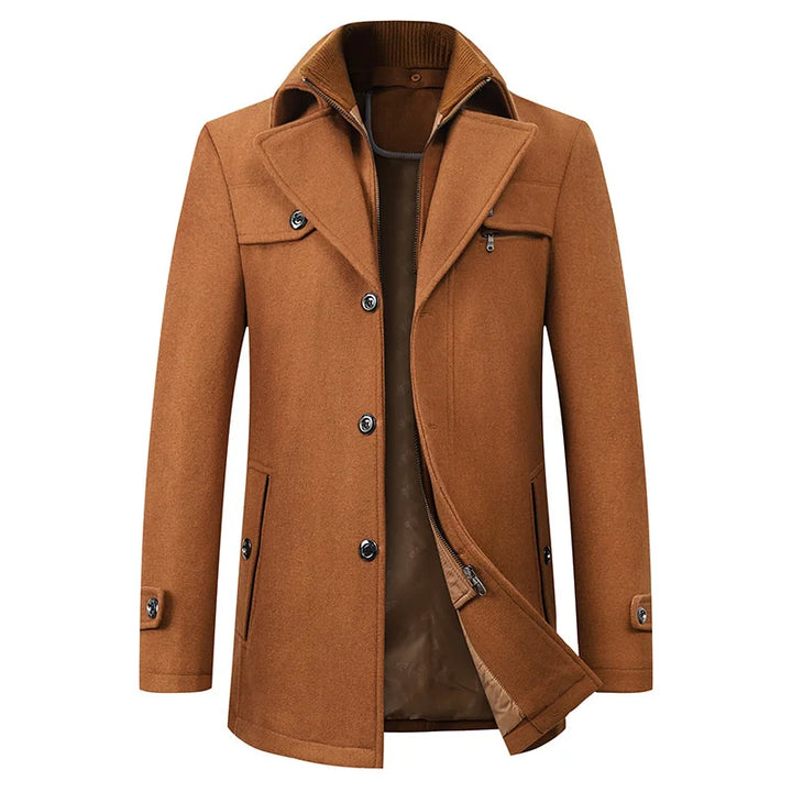 Men's warm mid-length pea coat, essential classic winter outerwear for autumn fashion and style.