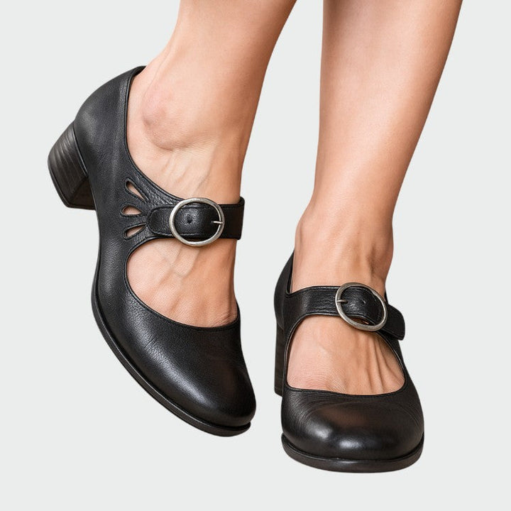 Classic black Women's Buckle Mary Jane shoes with comfortable block heel for all-day wear & vintage style.