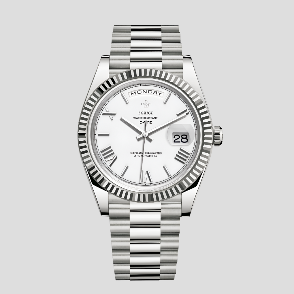Classic men's 41mm wristwatch with elegant silver steel band, perfect for dress or casual wear. Durable analog timepiece.