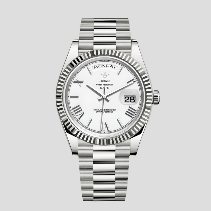 Classic men's 41mm wristwatch with elegant silver steel band, perfect for dress or casual wear. Durable analog timepiece.