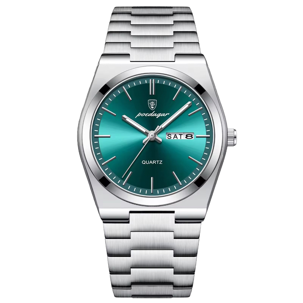 Stylish men's classic timepiece, 41mm silver analog watch with steel band. Versatile men's accessory, great for him.