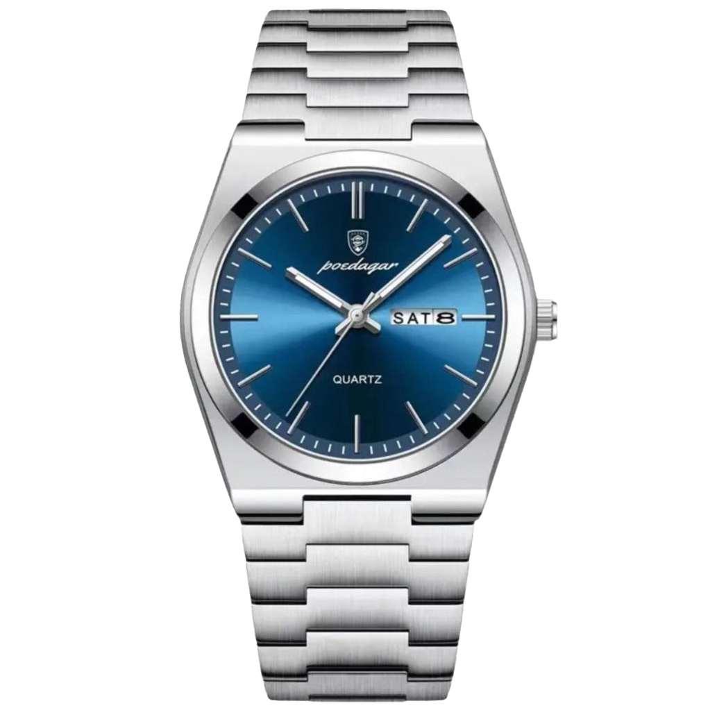 Elegant 41mm men's wrist watch featuring a durable silver steel band, a classic analog timepiece and gift for him.
