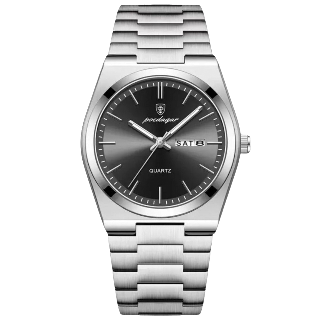 Durable 41mm men's classic wristwatch, silver analog watch with a sleek steel band. Essential men's accessory.