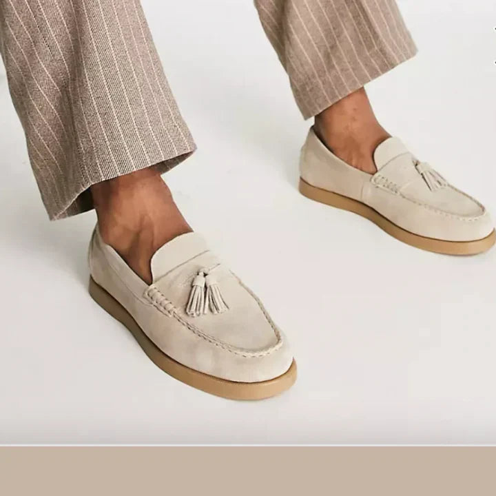 New men's beige classic slip-on loafers. Comfortable, elegant footwear. Ideal for easy formal & casual styling.