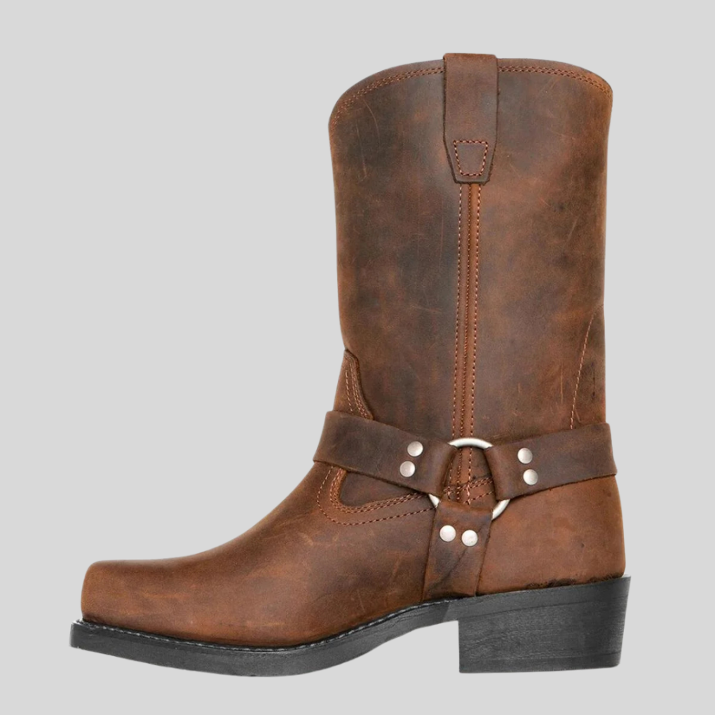 Classic men's brown western cowboy boots with durable construction, perfect for rugged casual wear & versatile style.