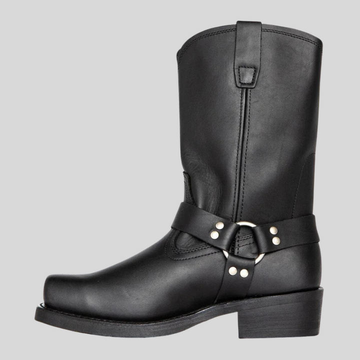 Rugged black men's mid-calf western cowboy boots for durable style and versatile casual wear. Classic footwear.