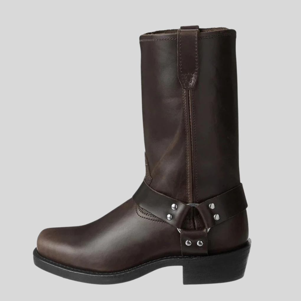 Durable men's western cowboy boots, mid-calf style. Perfect rugged brown/black footwear for versatile casual wear.