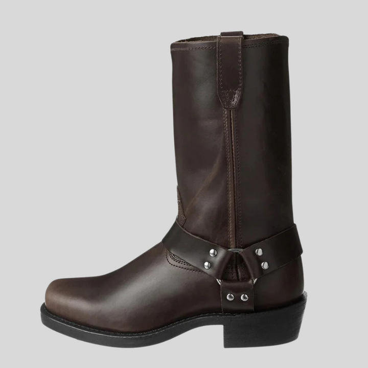 Durable men's western cowboy boots, mid-calf style. Perfect rugged brown/black footwear for versatile casual wear.