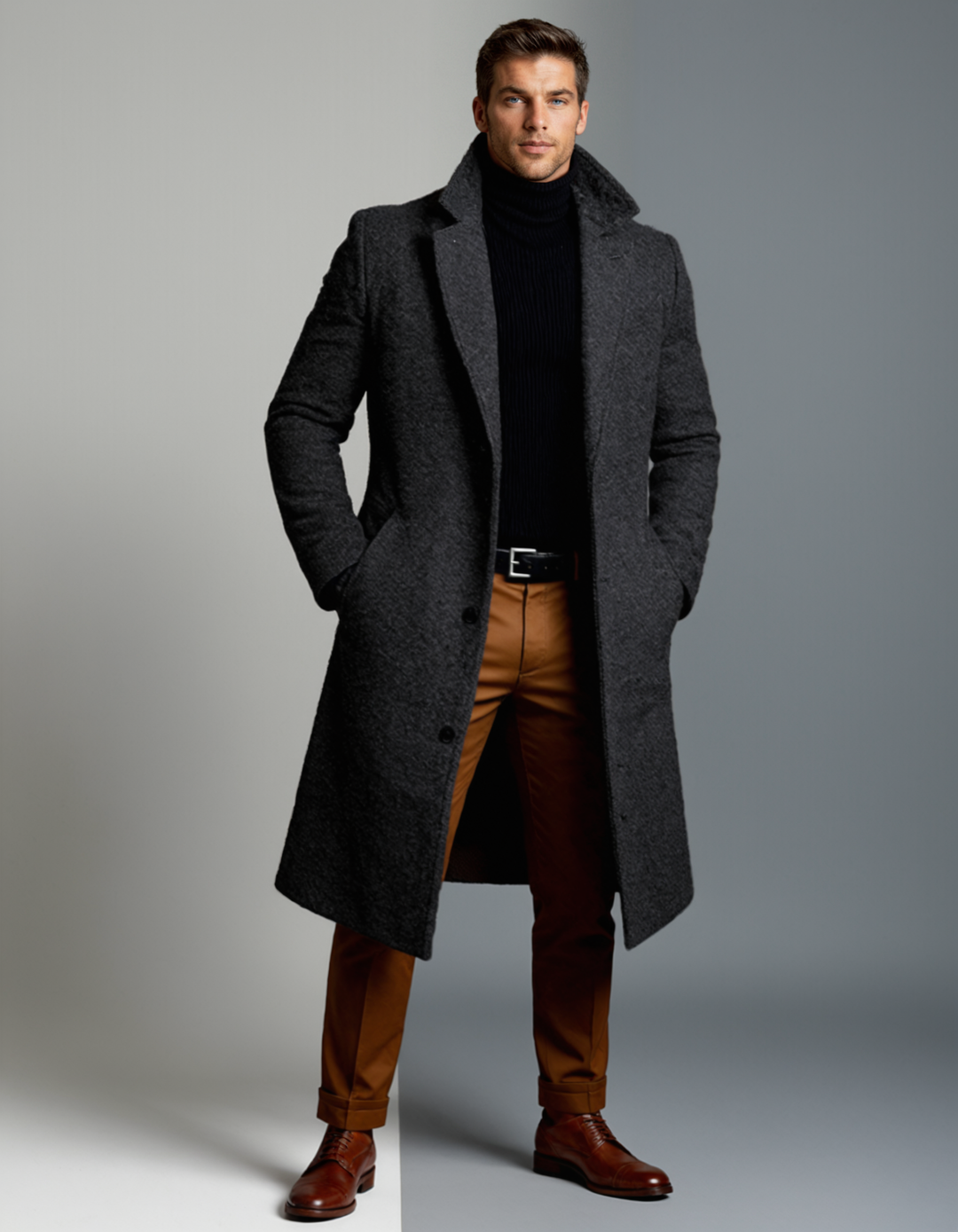 Classic men's long winter overcoat, tailored for sophisticated style and cold weather.