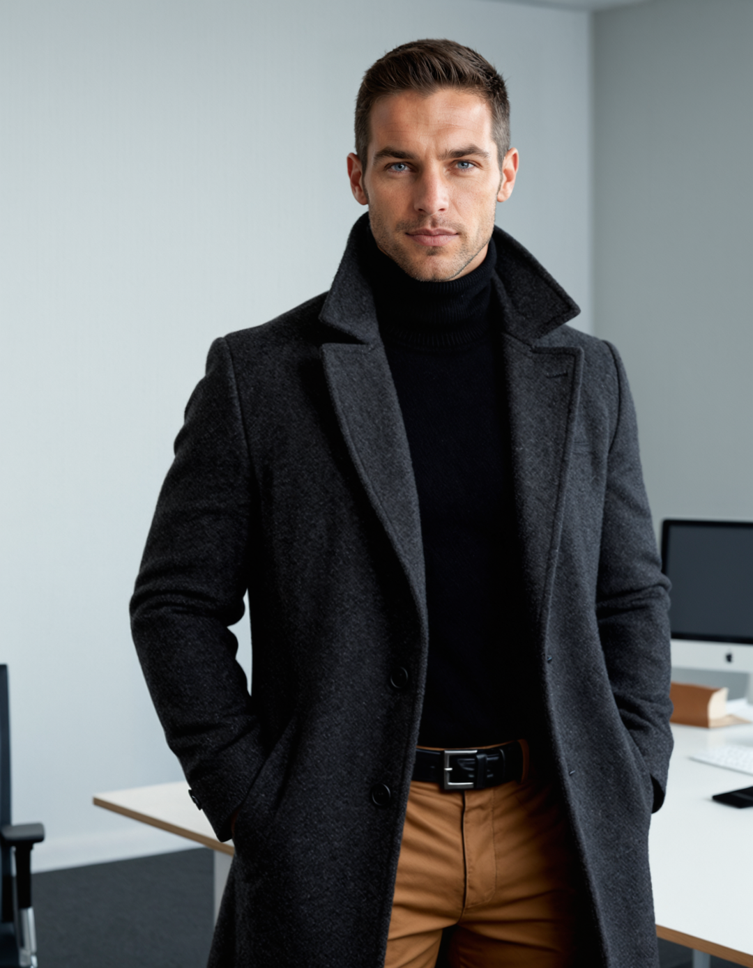Long men's winter coat, a tailored overcoat for sophisticated style in cold weather and business.