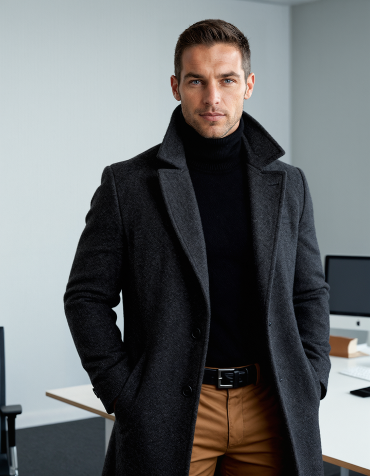 Long men's winter coat, a tailored overcoat for sophisticated style in cold weather and business.