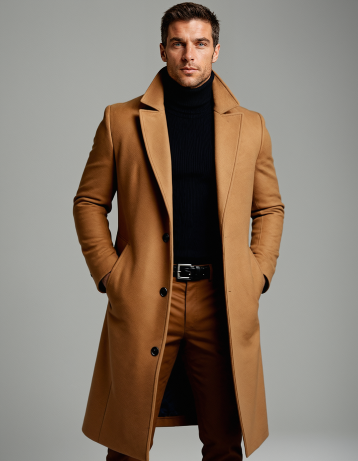 Sophisticated men's long overcoat, perfect for classic style and winter fashion statement.