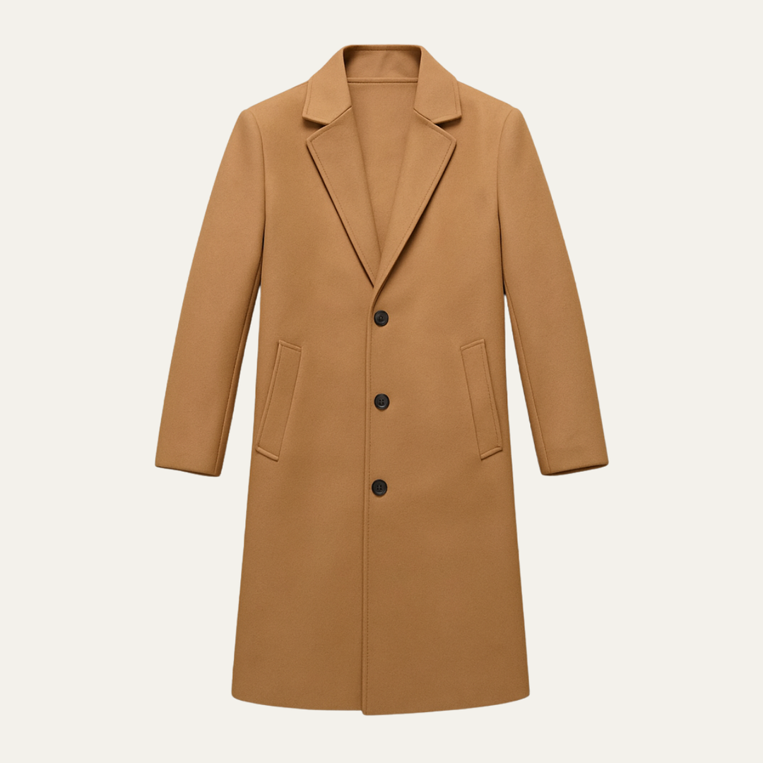 Men's elegant long winter jacket, suitable for formal wear, business and cold weather outerwear.