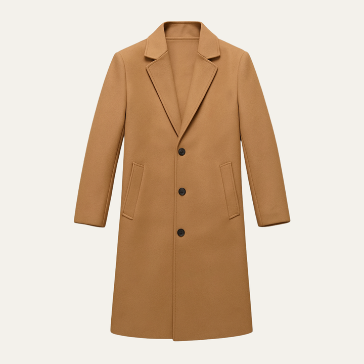 Men's elegant long winter jacket, suitable for formal wear, business and cold weather outerwear.