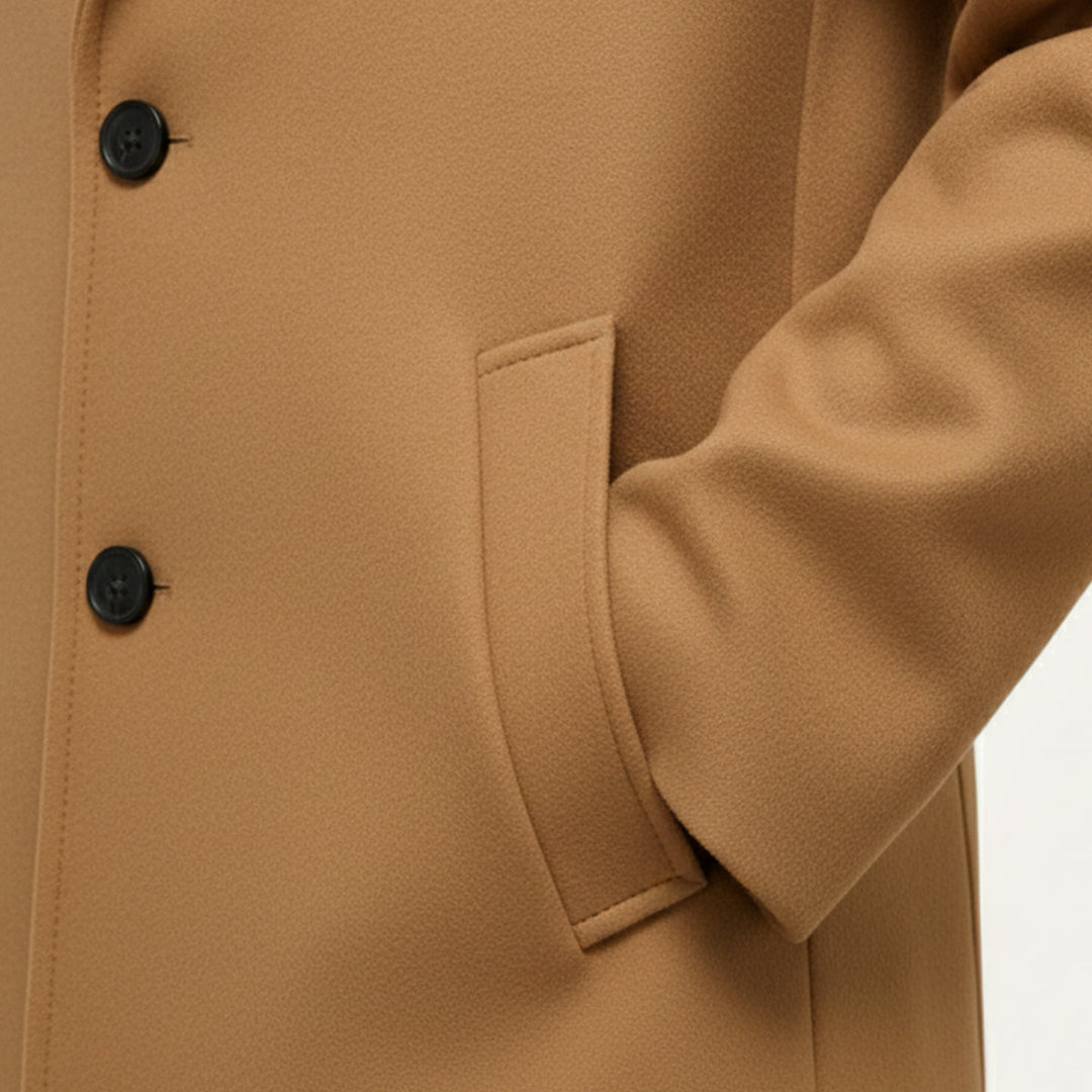 Men's long winter coat, offering casual elegance and warmth for cold weather and business attire.
