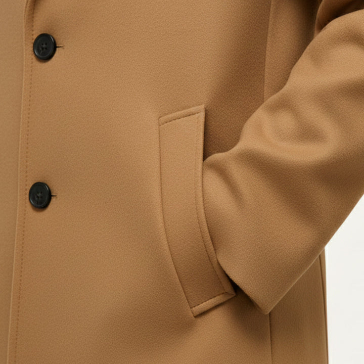Men's long winter coat, offering casual elegance and warmth for cold weather and business attire.