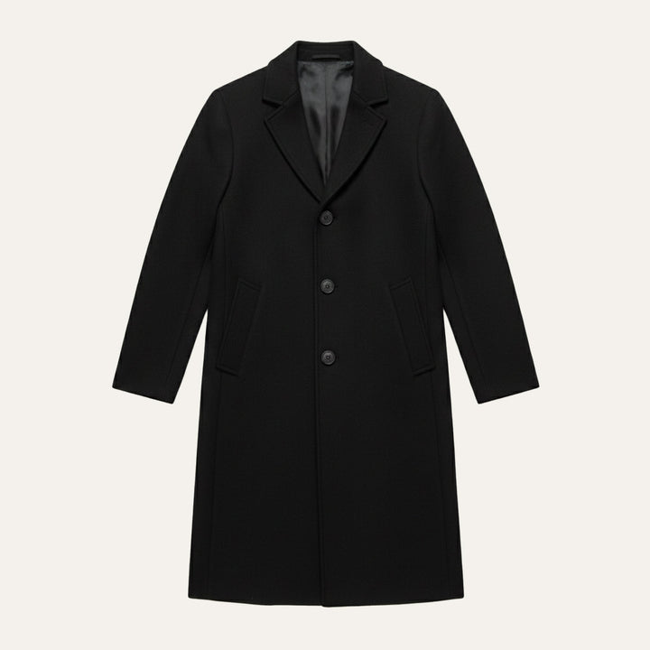 Sophisticated men's long winter jacket, perfect for tailored cold weather fashion and elegance.