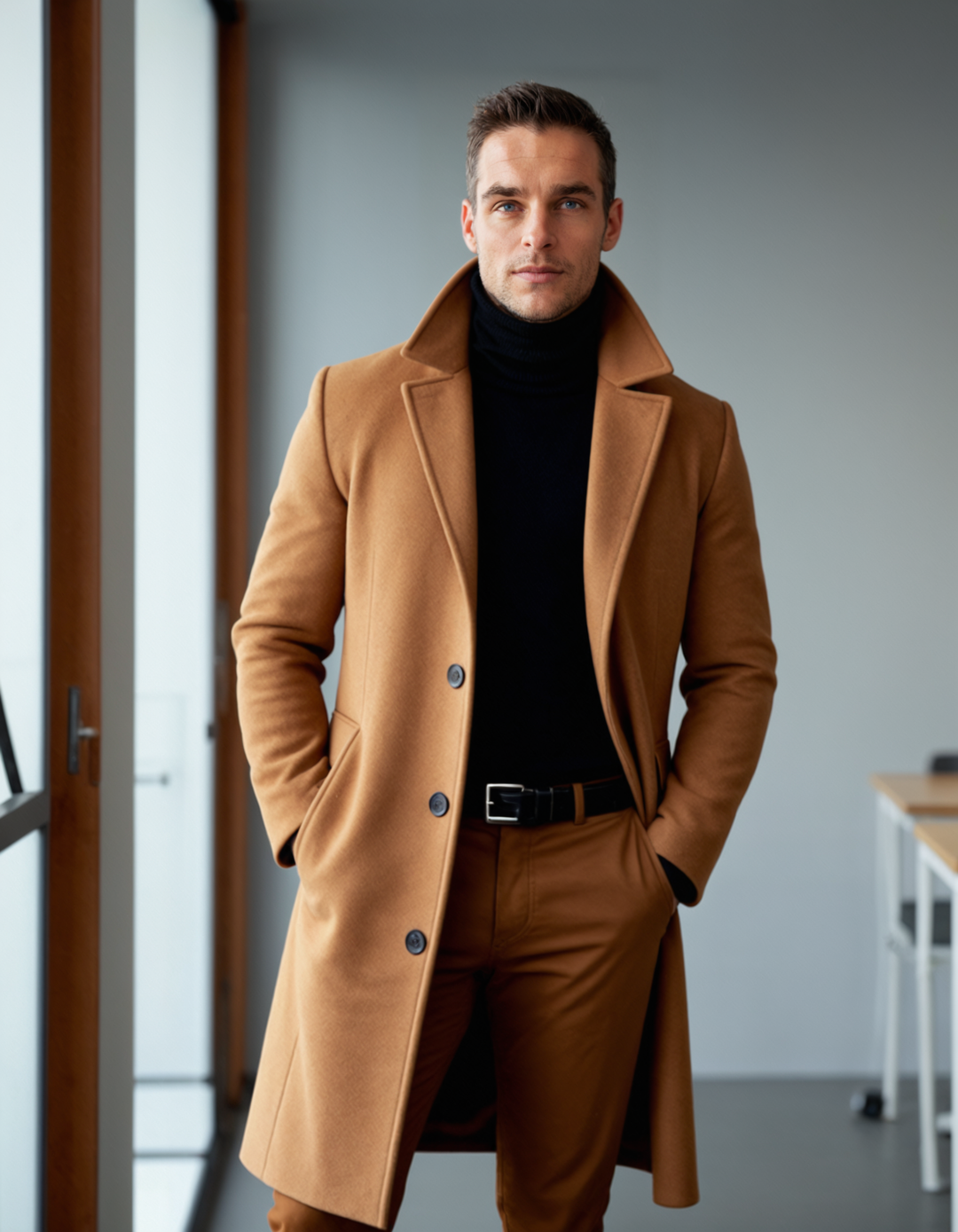 Men's stylish winter overcoat, designed for classic elegance, formal occasions and cold weather.