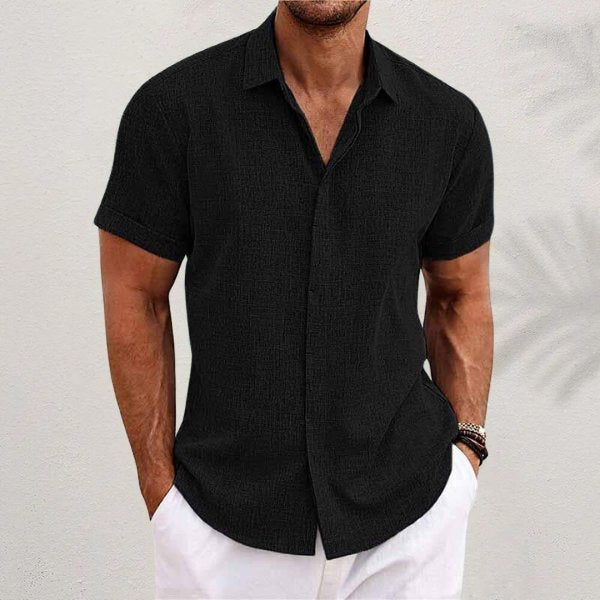 Relaxed men's linen shirt, short sleeve button down, regular fit, great for warm weather fashion.