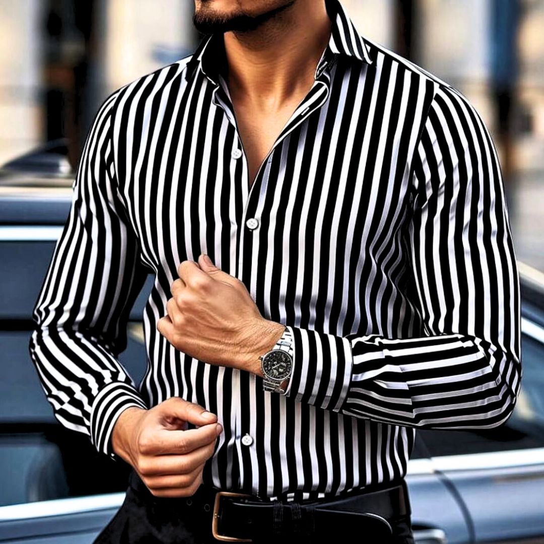 Classic men's striped button-up shirt in breathable fabric, long sleeve. Everyday wear.