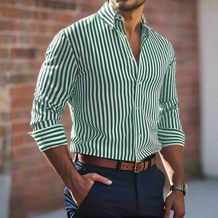 Elegant men's button-up striped shirt, breathable fabric with classic long sleeves.