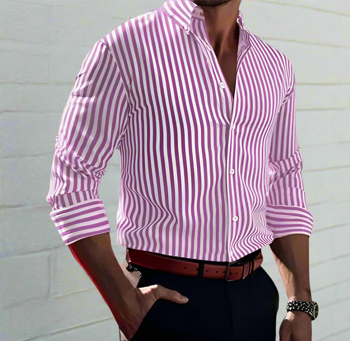 Versatile men's classic striped shirt, breathable & collared for any occasion.