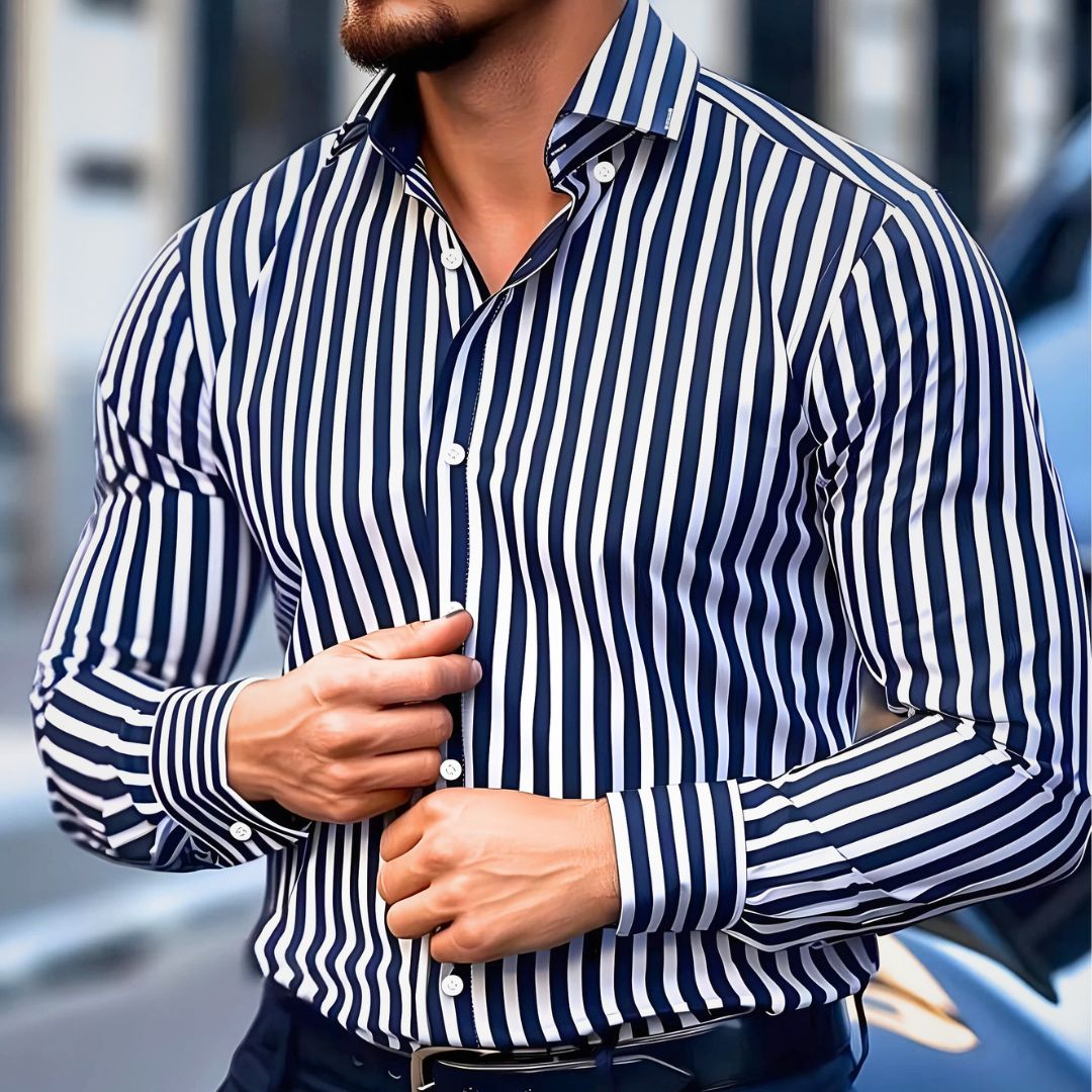 Breathable men's collared shirt with classic stripes and button-up front closure.
