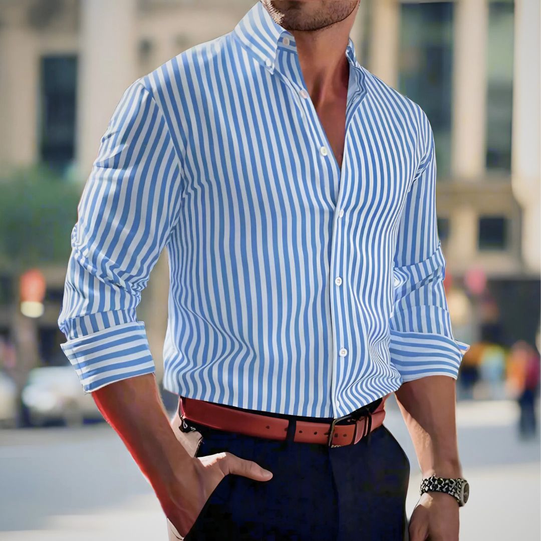 Stylish men's classic striped button-up shirt, long sleeve and highly breathable fabric.