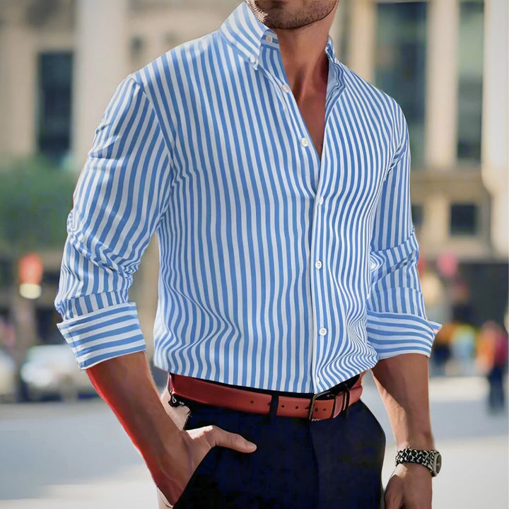 Stylish men's classic striped button-up shirt, long sleeve and highly breathable fabric.
