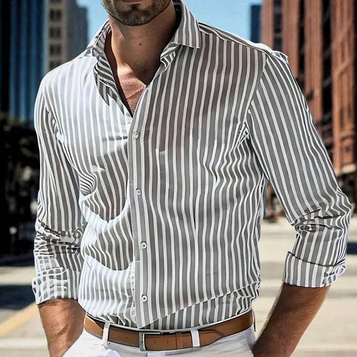 Smart men's breathable striped collared shirt for versatile styling in any season.
