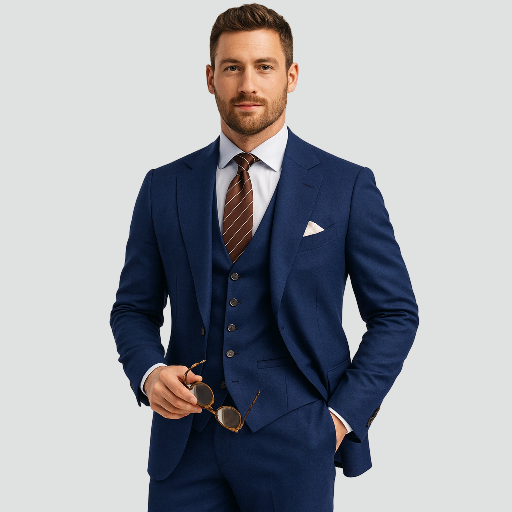 Classic men's tailored 3-piece suit: blazer, waistcoat & trousers. Perfect for business & formal events.