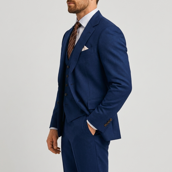 Dapper men's tailored 3-piece suit. Blazer, waistcoat & trousers for business, weddings, or parties.