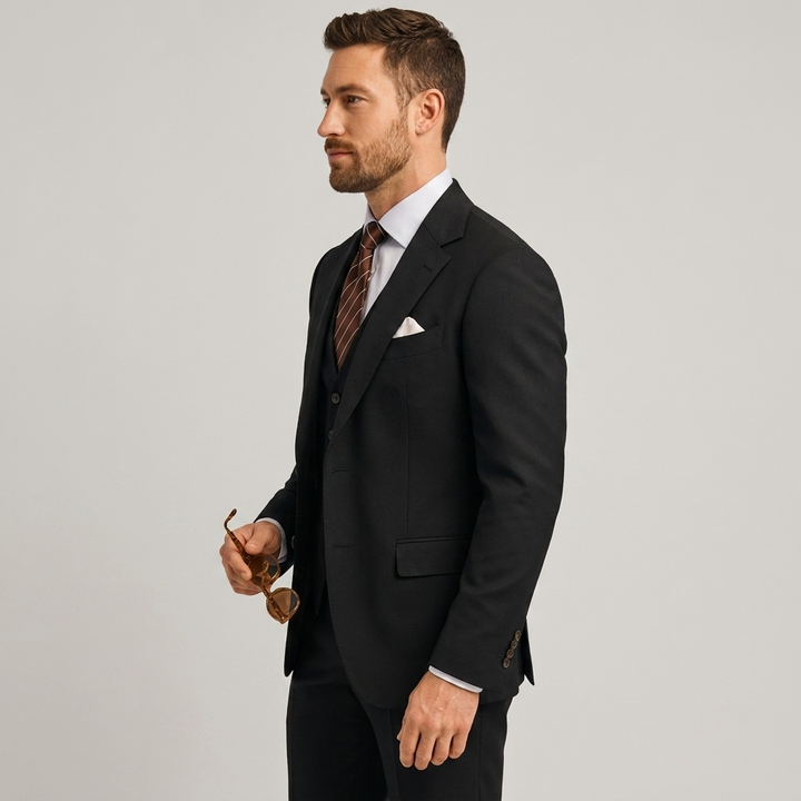 Smart men's slim fit 3-piece suit. Tailored blazer, vest & trousers, perfect for a wedding guest outfit.