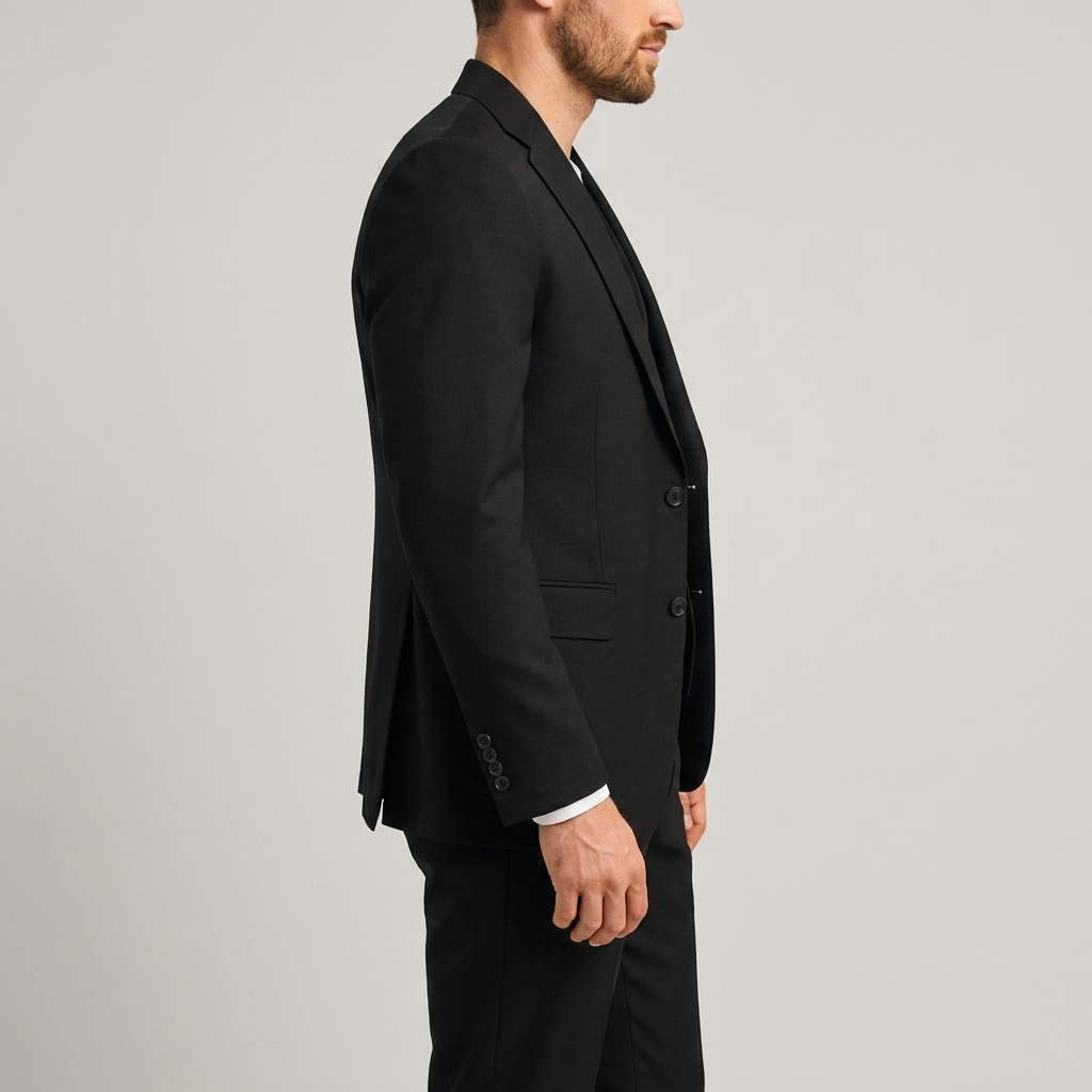 Professional men's tailored 3-piece suit. Blazer, waistcoat & trousers, essential for business attire.