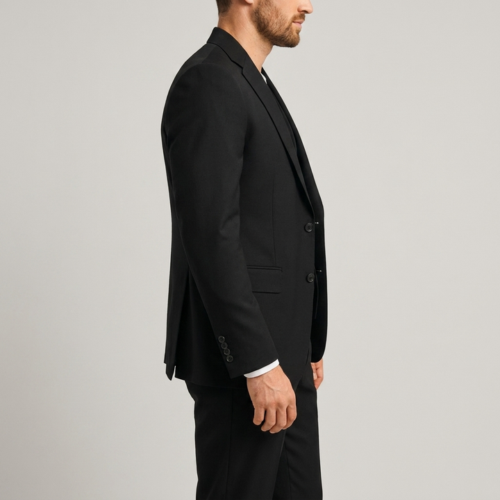 Professional men's tailored 3-piece suit. Blazer, waistcoat & trousers, essential for business attire.