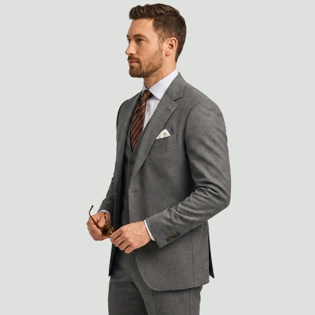 Classic black men's 3-piece tailored suit. Blazer, waistcoat & trousers for timeless formal wear.